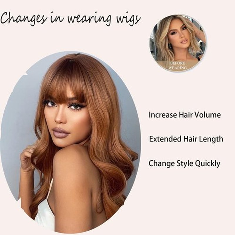 Auburn Wig with Bangs 26 Inches Long Wavy Curly Wig for Women Synthetic Wigs Ombre Auburn Wig with Bangs Long Wavy Wig Hair Dark Root Synthetic Wigs Heat Resistant Fiber Ombre Auburn wigs for women