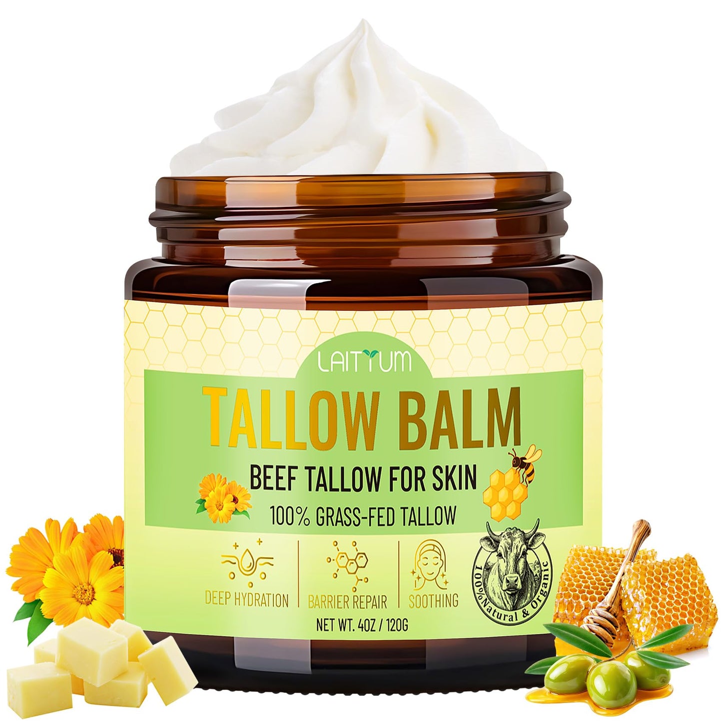 LAITYUM Beef Tallow for Skin -4oz Organic Tallow and Honey Balm for Face Moisturizer,100% Grass Fed Beef Tallow Cream,Natural Whipped Tallow Balm Deeply Nourishment for Body Dry,Cracked,Sensitive Skin