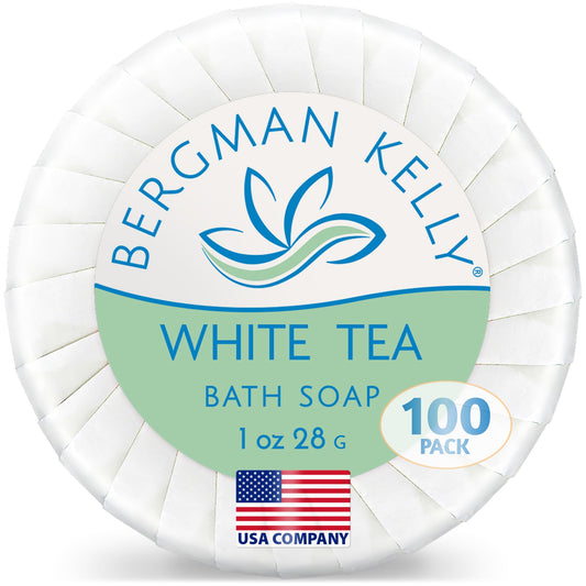 BERGMAN KELLY - Hotel Soap Bars - White Tea, 1 oz, 100 PK - Travel Size Luxury Bulk Amenities Bar Soap - Mini Individually Wrapped Round Soap - Small Toiletries for Airbnb, Motel, Guest Bathroom