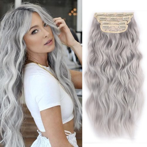 20Inches Silver Gray Clip in Hair Extensions 4PCS Grey Thick Hairpieces long Wavy Clip in Hair Extensions Double Weft Long Hairpieces Full Head For Women (20INCH, 60#)