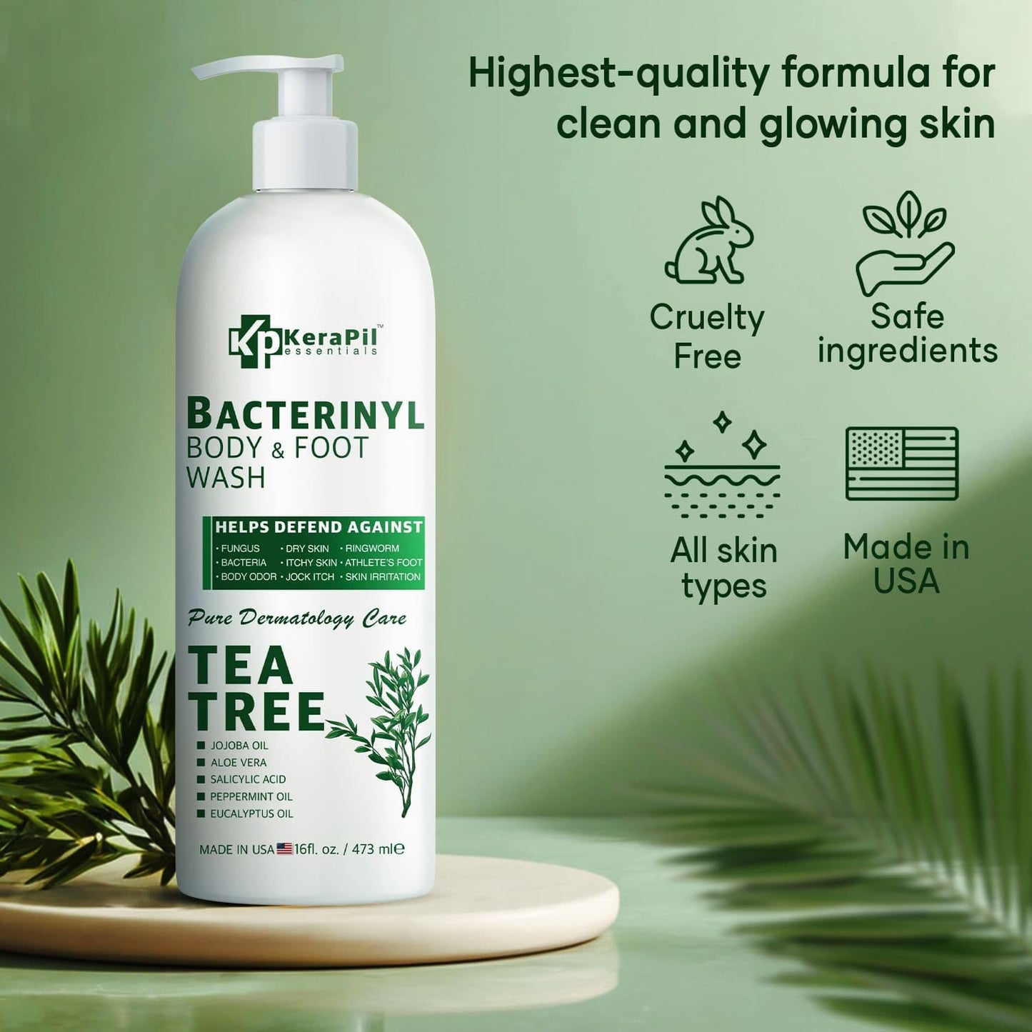 KERAPIL Bacterinyl Tea Tree Oil Body Wash - Antibacterial & Antifungal Support for Ringworm, Body Odors, Athlete’s Foot & Acne, Helps Soothe Itchy, Dry Skin - Made in USA (16 fl oz x 2)