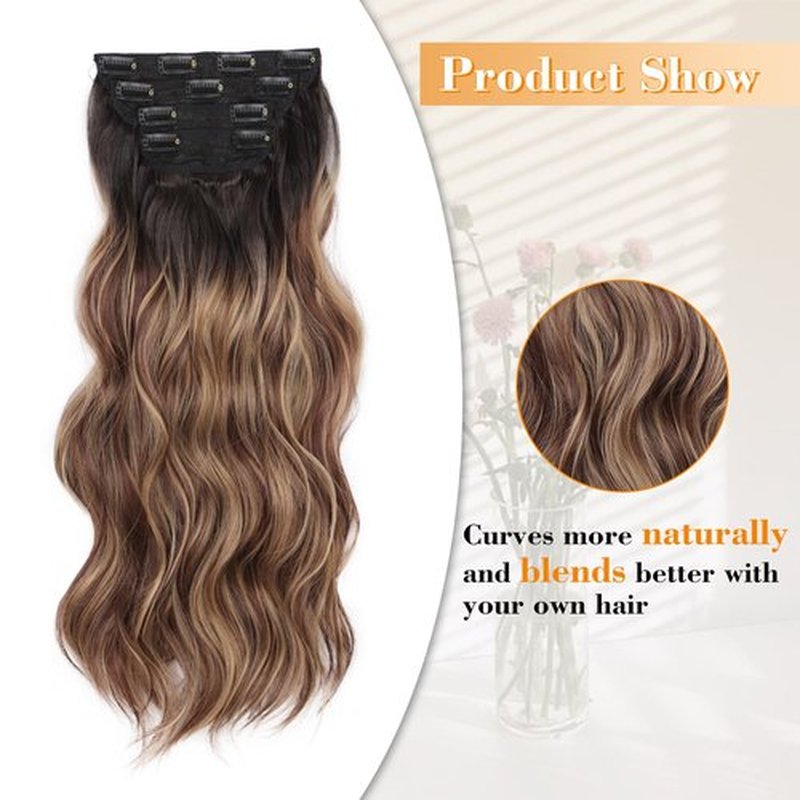 AISI BEAUTY Clip in Hair Extensions for Women Long Wavy Synthetic Brown Highlight Hair Extension 20 Inch 4PCS Natural Thick Hairpieces (Brown Mixed Blonde)