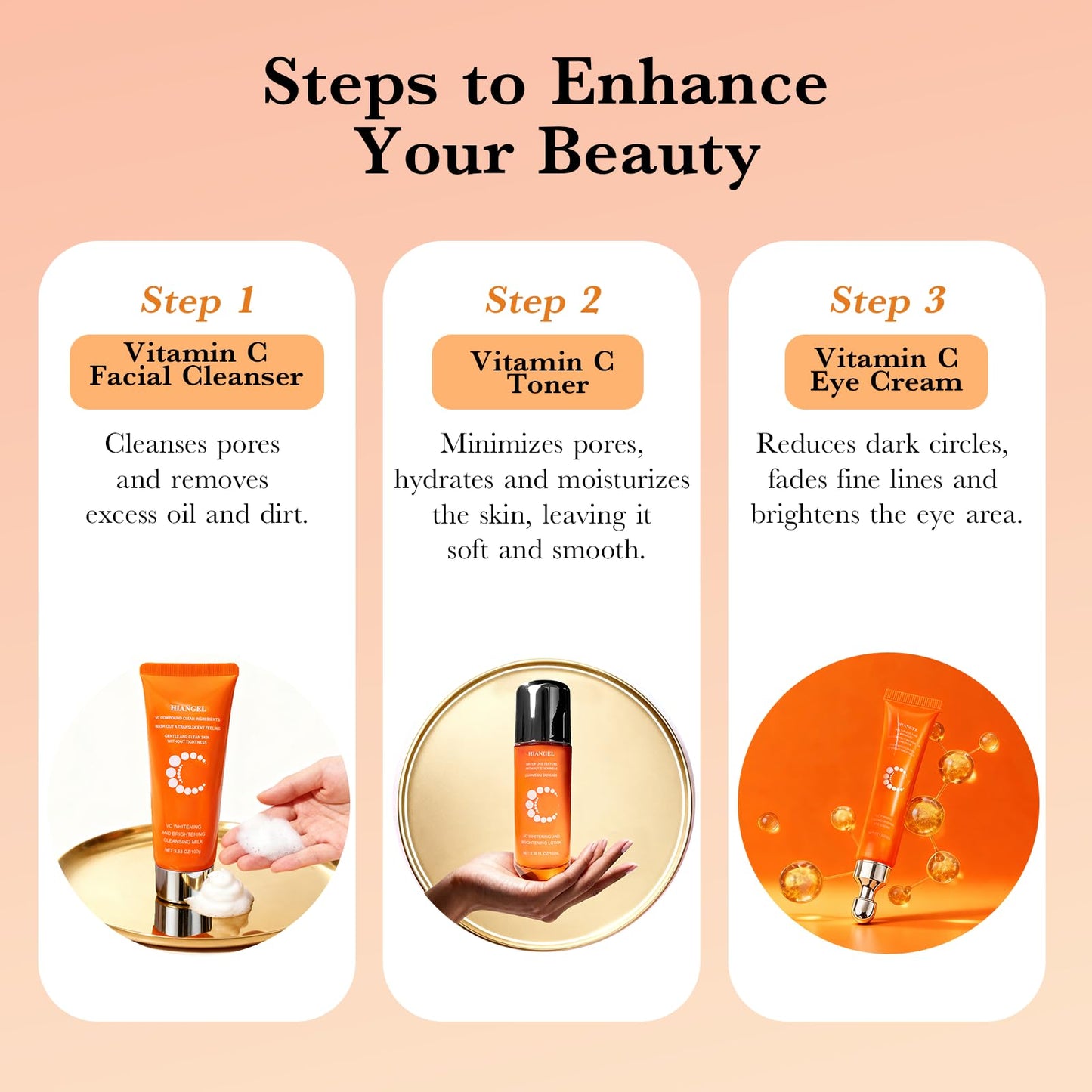 HIANGEL 6-Piece Vitamin C Skincare Set for Women, Brightening & Hydrating Face Care Routine Kit with Cleanser, Toner, Serum, Eye Cream, Lotion & Face Cream, Spa Beauty Gift Box