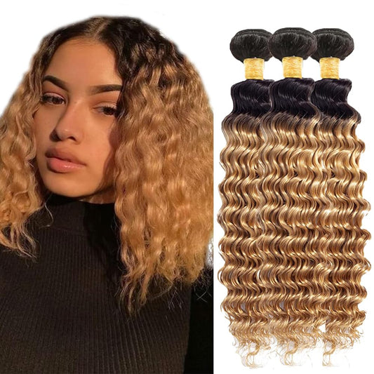 30 32 34 Inch Ombre Deep Wave Bundles 1b/27 Human Hair Bundles Honey Blonde Bundles 8A Grade Brazilian Virgin Remy Hair Bundles Blonde Wet and Wavy Bundles Double Weft Hair Extension