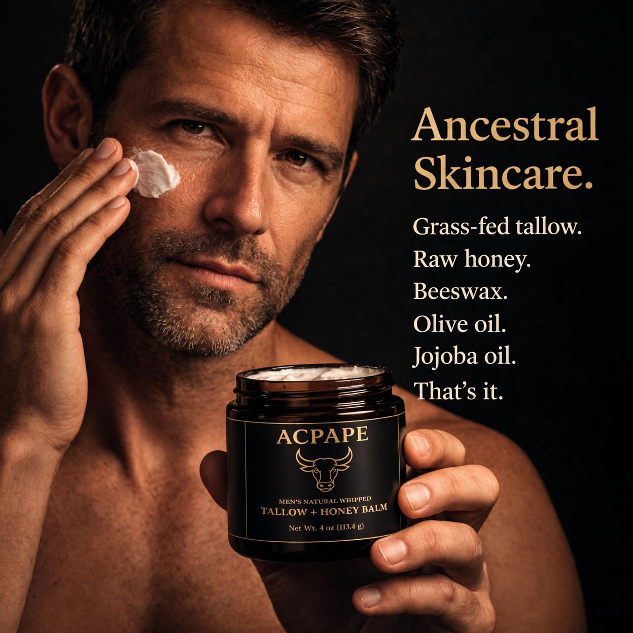 Acpape Beef Tallow for Skin — Men's Natural Whipped Tallow and Honey Balm | Grass-Fed Beef Tallow Face & Body Moisturizer for Men | Tallow Balm with Jojoba Oil, Olive Oil, Beeswax & Raw Honey | 4 oz