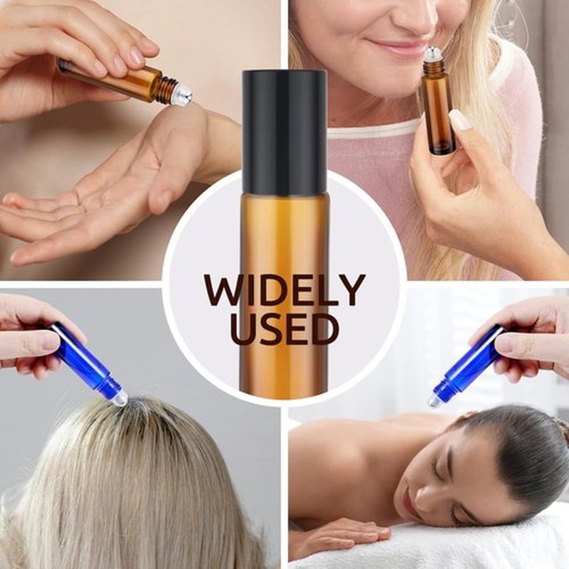 bofessor Essential Oil Roller Bottles, 10ml Glass Roll on Bottles with Stainless Steel Roller Ball, Opener, Pipettes, Funnel, Stickers, Refillable Container for Perfume (4 Amber & 4 Blue)