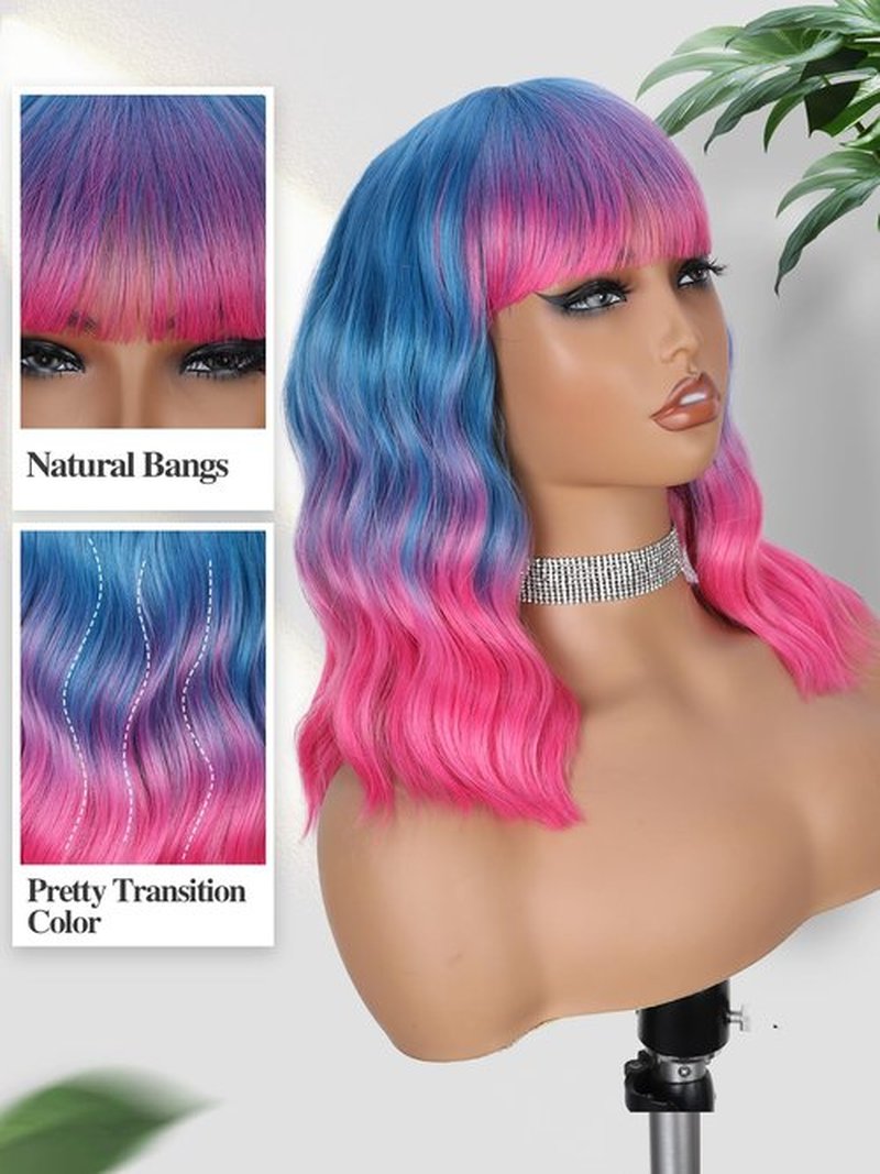 Fancy Hair Pink and Blue Wavy Bob Wig Short Wavy Wig with Bangs Glueless Wear and Go Wig Synthetic Shoulder Length Bob for Girl Women Daily Party Use