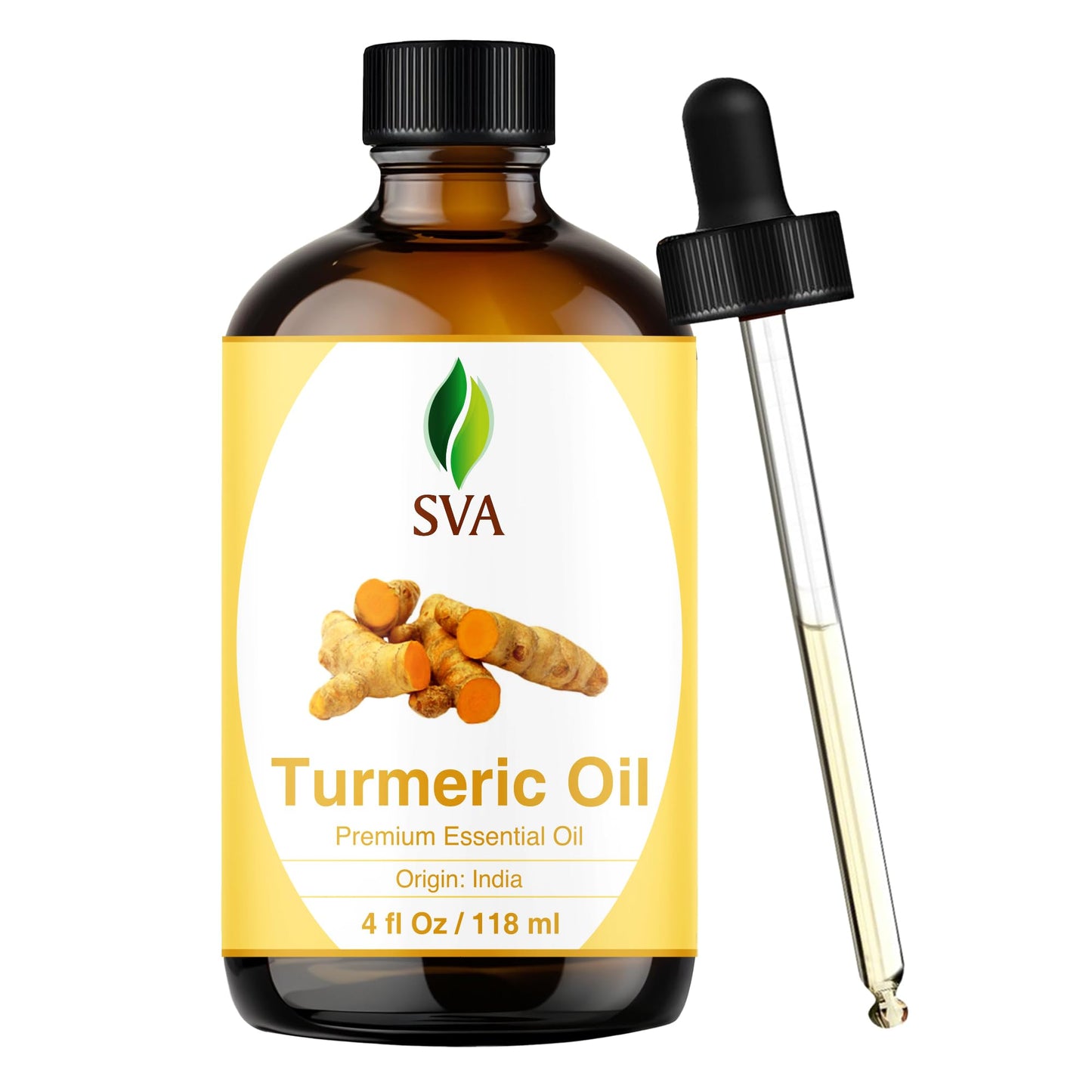 SVA Turmeric Essential Oil – 4 Fl Oz – 100% Natural Turmeric Oil - for Diffuser, Hair Care, Face, Skin Care, Aromatherapy, Scalp and Body Massage, Soap and Candle Making – with Dropper