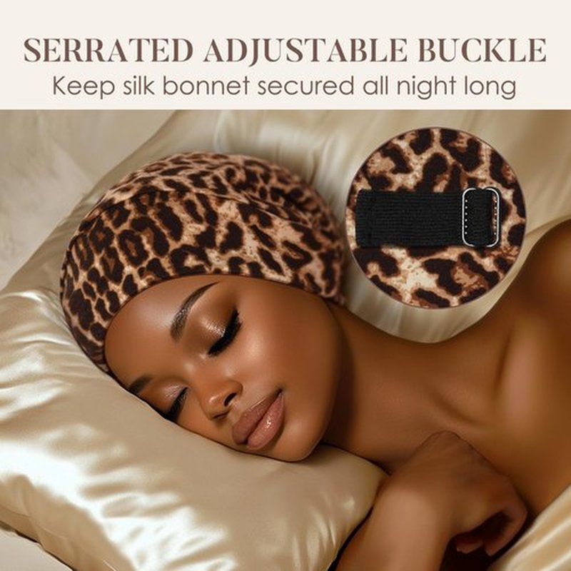 LULUSILK 100% Mulberry Silk Lined Sleep Cap Silk Bonnet for Sleeping, No More Frizzy Tangled Hair, Stay On All Night Adjustable Silk Hair Wrap for Sleeping, Brown Leopard, Pack of 1