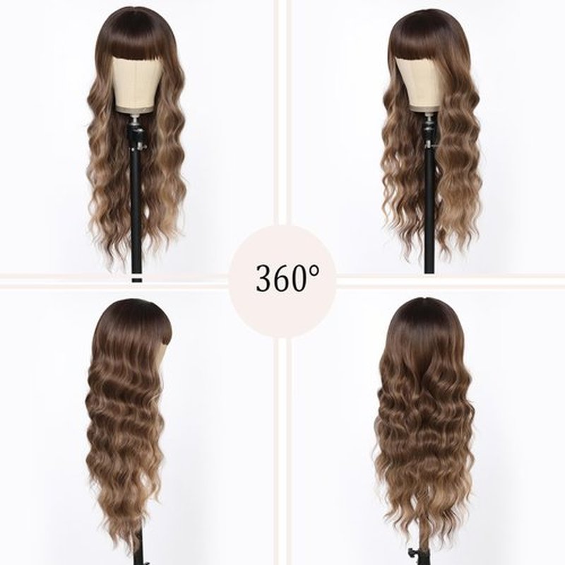 Brown Wig with Bangs 26 Inches Long Wavy Curly Wig for Women Brown Mixed Blonde Highlight Wig with Dark Roots Ombre Natural Curly Resistant Fiber Wigs Synthetic Wigs for White Women Wigs with Bangs