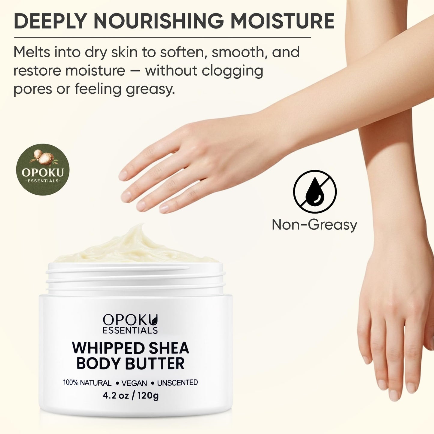 Opoku Essentials Whipped Shea Body Butter for Dry Skin & Sensitive Skin – 4oz Unscented with Ghanaian Shea Butter – 100% Natural, Vegan Moisturizing Cream
