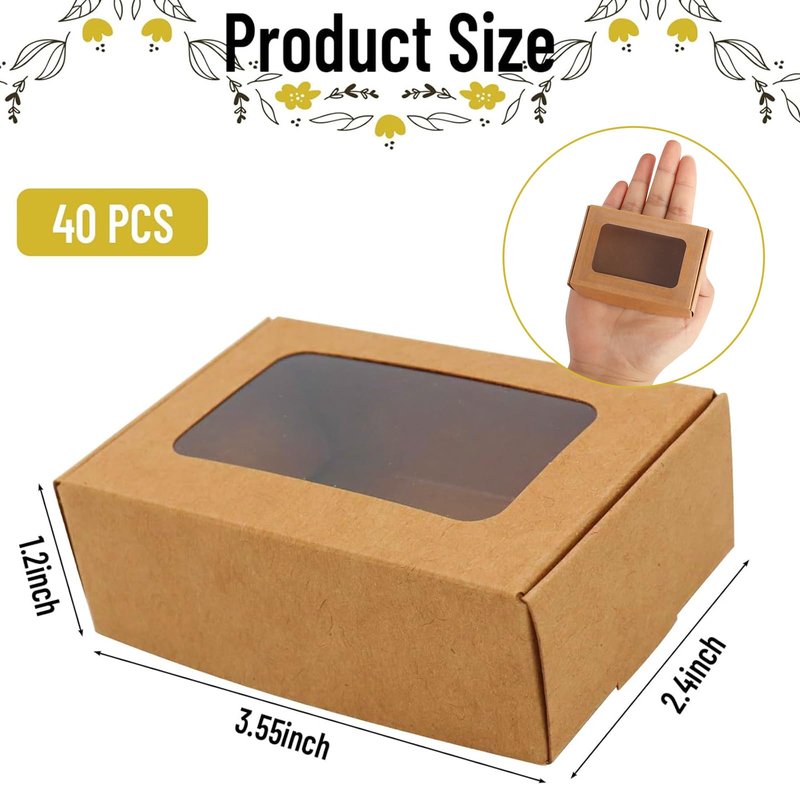 RYKOMO 40 PCS Soap Boxes for Homemade 3.55 x 2.4 x 1.2 Inch Small Soap Paper Box Mini Kraft Treat Box with Window for Homemade Soap Packaging Boxes Supplies