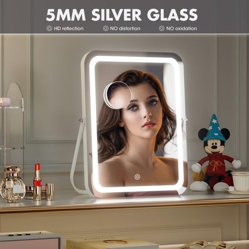 Hasipu Vanity Mirror with Lights, 12" x 14" LED Makeup Mirror, 3 Modes Light, Smart Touch Control Dimmable, 360°Rotation, Rounded Rectangle White Frame, with 5X Magnifying Glass
