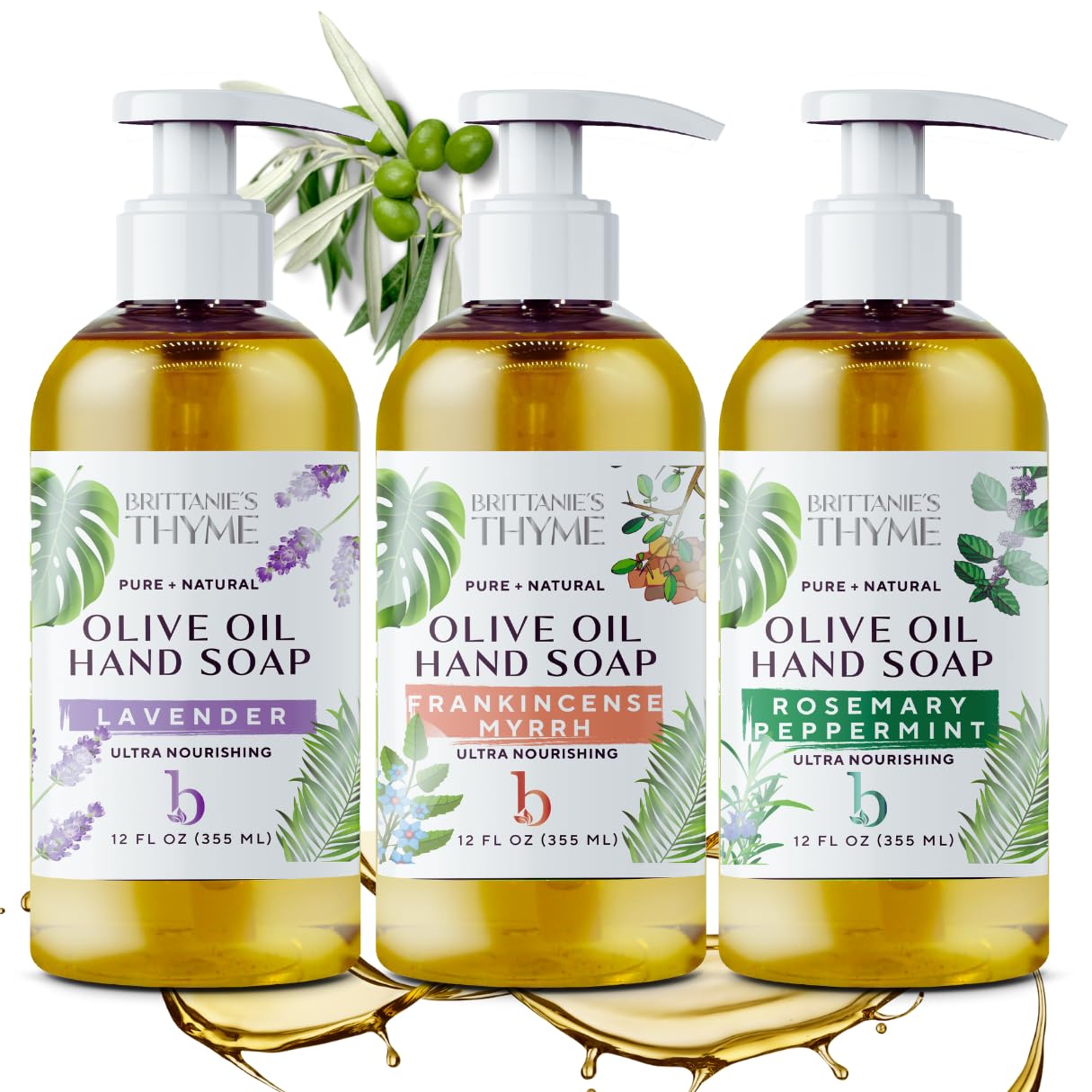 Brittanie’s Pure Castile Liquid Soap Refill, Rosemary/Lavender/Frankincense, 12 Ounce Pack of 3 | Dish Soap, Hair & Body, Home, Gentle and Pure, Made with Natural Luxurious Oils, Vegan & Gluten Free