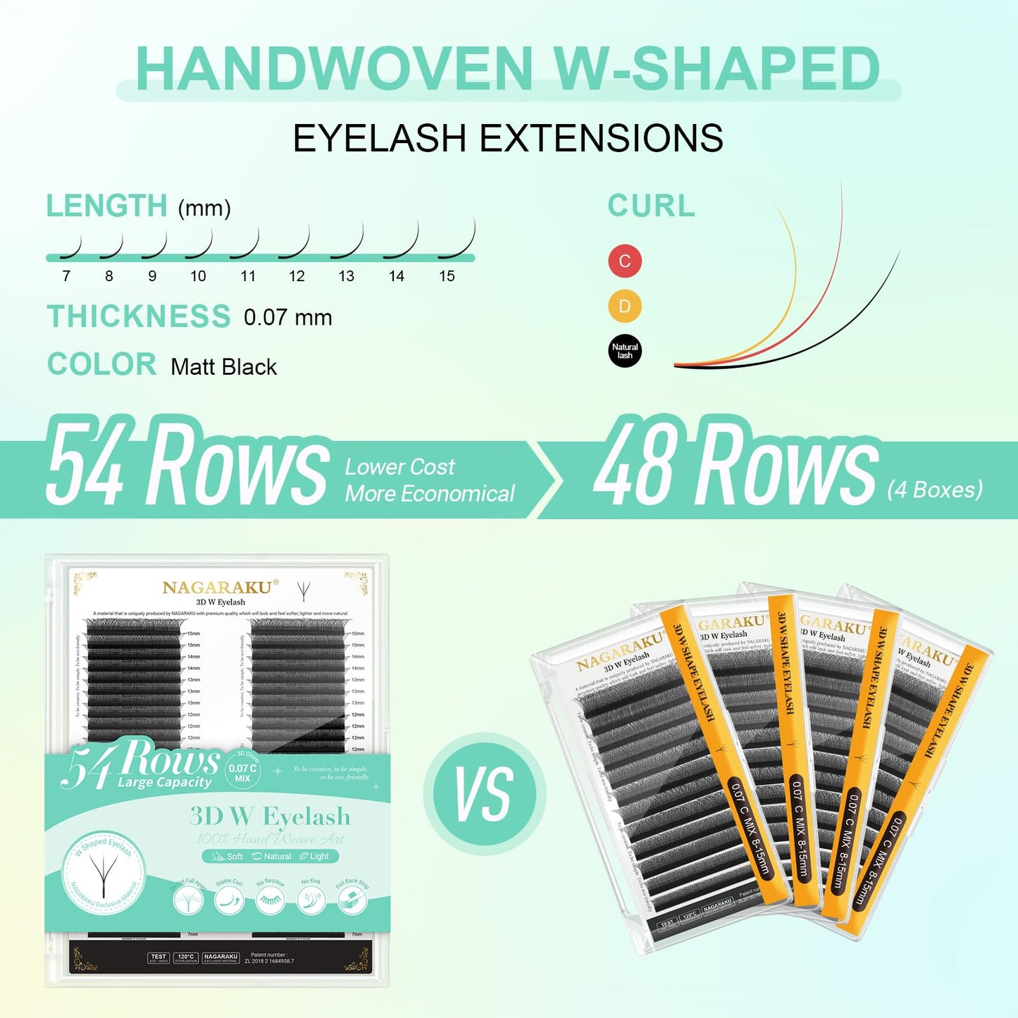 NAGARAKU W Eyelash Extensions High Capacity 54 Rows 3D Volume Premade Fan 0.07mm D Curl 7-15mm Mix Matte Black Easy Fanning yy Eye Lashes Handwoven W Shaped Wispy Cluster Professional Lash Supplies