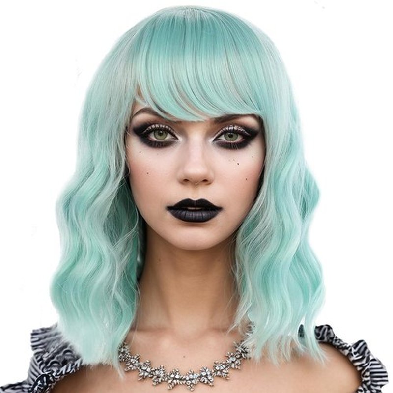 BERON 14 Inches Mint Green Wig Short Curly Wig with Bangs Green Wig Women Girl's Charming Wig Mint Green Wig Synthetic Wig with Wig Cap