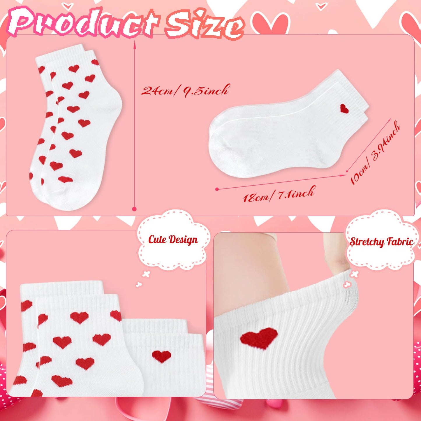 Xanllaxa 10 Pairs Cute Heart White Red Socks,2 Styles Ankle Socks for Women,Frilly Fun Heart Pattern Crew Socks,Novelty Aesthetic Sock for Girls,Valentine's Day,Gifts,Party