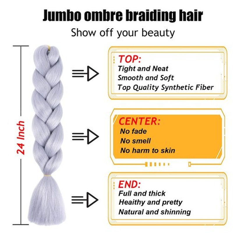 TENGSHUO FLY Silver Grey Braiding Hair 6 Packs Synthetic Braid Hair Extensions Jumbo Ombre Braiding Hair 24 Inch or Box Braids Twist Crochet Braids(24"6Pack,Silver Grey)