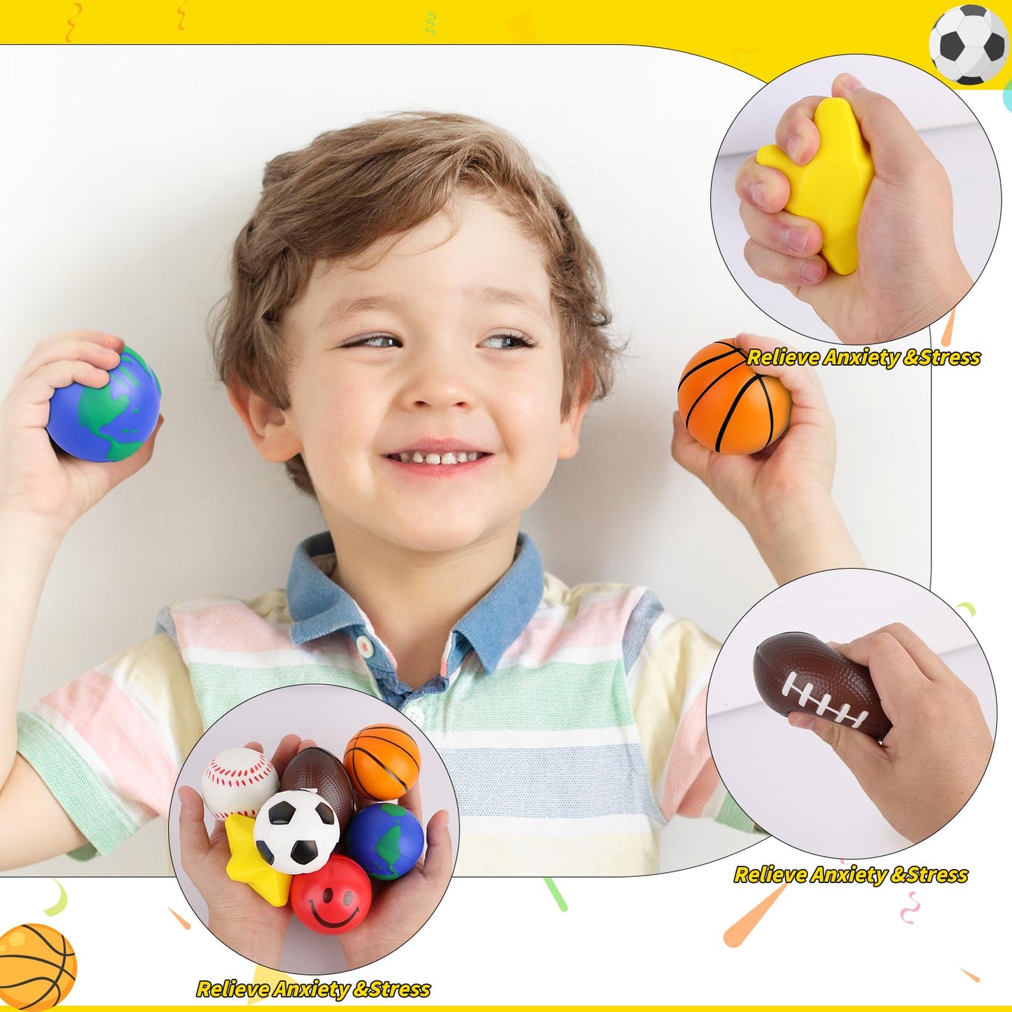 60 Pcs Sports Balls Bulk Kids Small Mini Stress Ball for Party Favor Toy, Including Basketball, Baseball, Football, Globe, Soccer, Star, Smile for Stress Relief School Prizes Carnival Fillers Gift