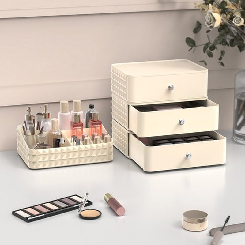 Rosoenvi Makeup Organizer for Vanity, Stackable Cosmetics Organizer and Storage, Cosmetic Display Cases with 3 Drawers and 1 Tray for Makeup Brush, Hair Accessories, Lipstick and Jewelr, Beige