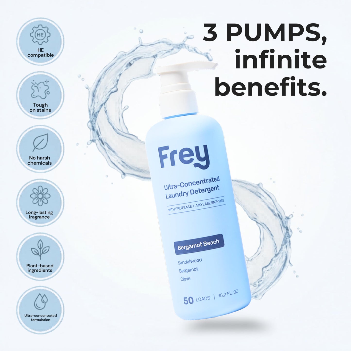 FREY Concentrated Liquid Laundry Detergent, Sensitive Skin, 50 Loads (1, Bergamot Beach)