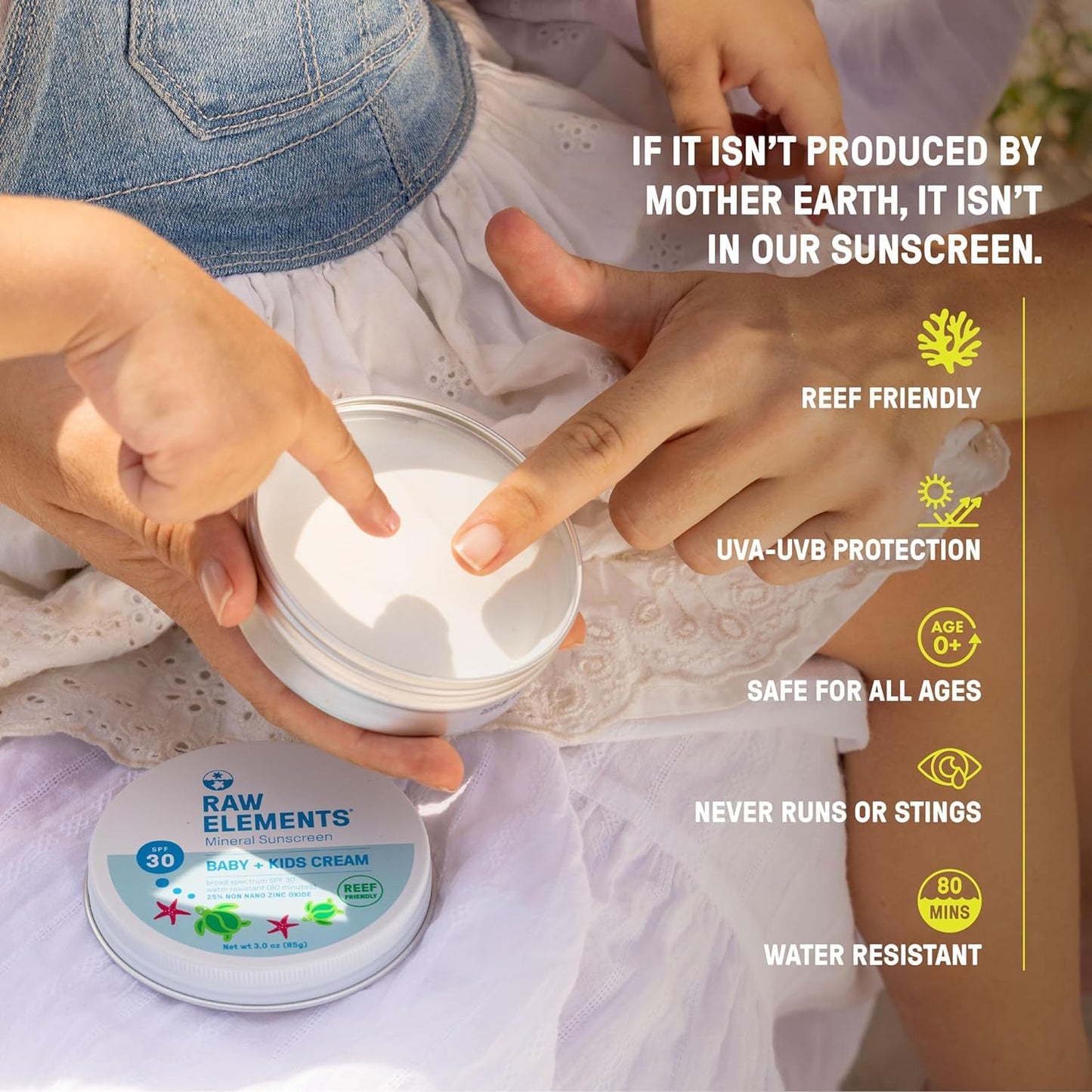 Raw Elements Baby & Kids SPF 30 Organic Sunscreen Tin, Non-Nano Zinc Oxide, Reef-Safe, Cruelty-Free, Gluten & Nut Free, W/Face and Body Mineral Sunscreen Tin, Water Resistant, Plastic Free, 3 oz