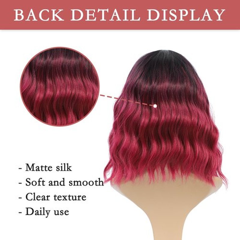 FimTim Short Wavy Bob Wig with Bangs for Women - Red Synthetic Wig for Daily Use