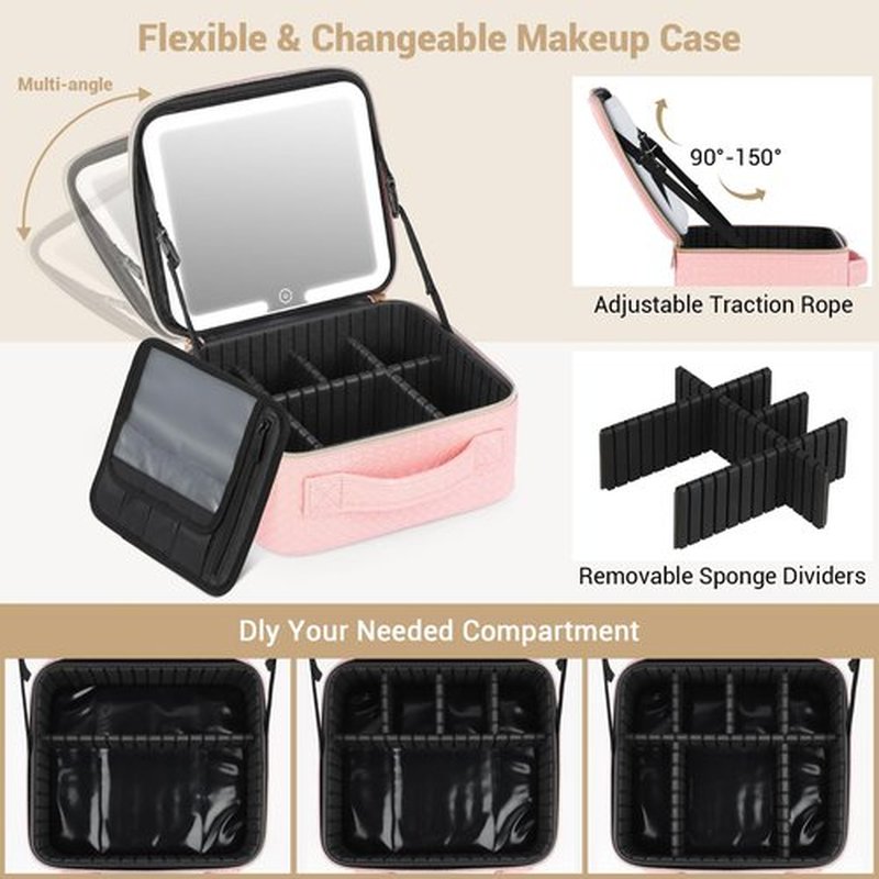 Aiborke Travel Makeup Bag with Led Mirror Makeup Case with Lighted Mirror Cosmetic Organizer bag with Adjustable Dividers and 5X Magnifying Mirror Gift for Women (Pink)