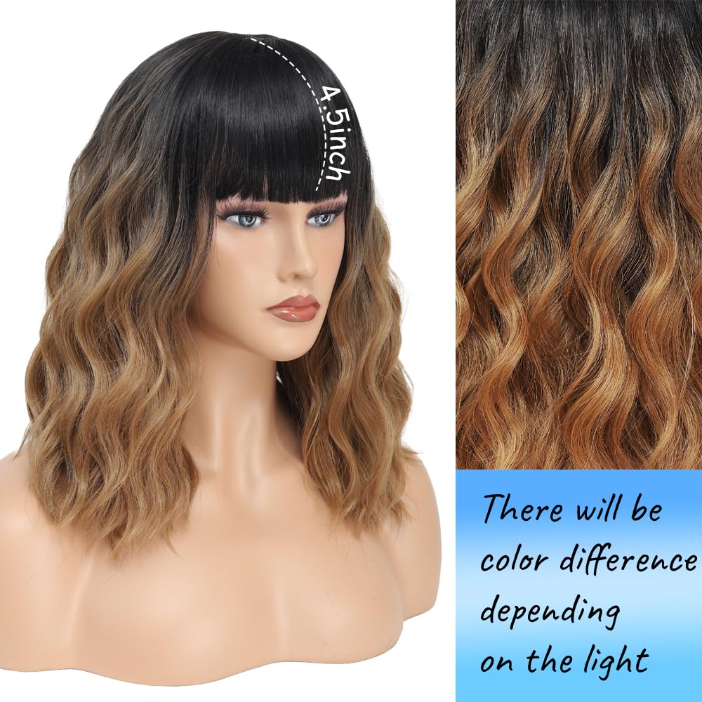 Short Wavy Ombre Brown Wig with Bangs 14inch Brown Wigs for Women Short Curly Bob Wigs Synthetic Natural Looking Hair Replacement Wigs Costume Cosplay Halloween Wig(14'' Ombre Brown)