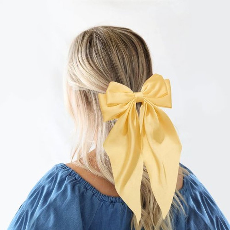 Hair Bows for Women Girls Silky Satin Big Bows Hair Barrettes Oversized Hair Accessories Long Tail Hair Ribbons -3Pcs -Yellow Beige Sky Blue