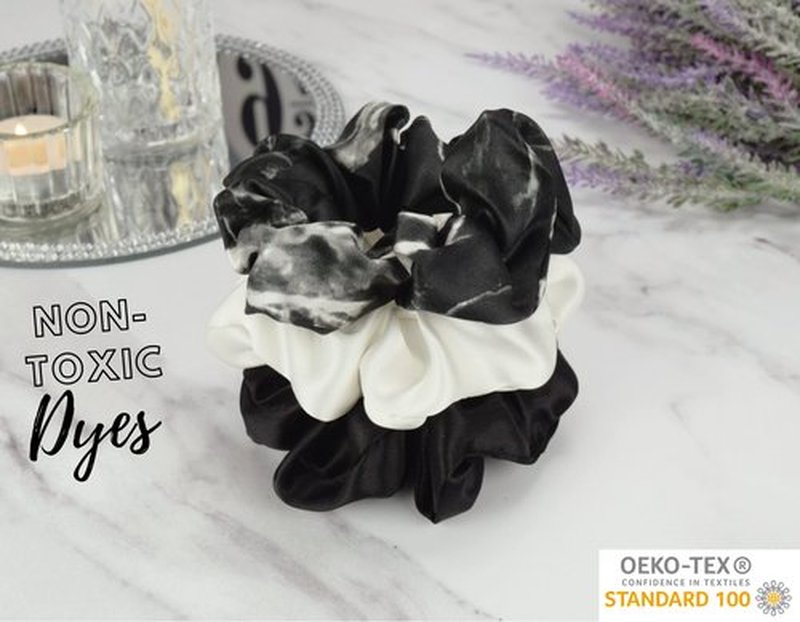Celestial Silk Mulberry Silk Scrunchies for Hair (Black, Ivory, Black Marble)
