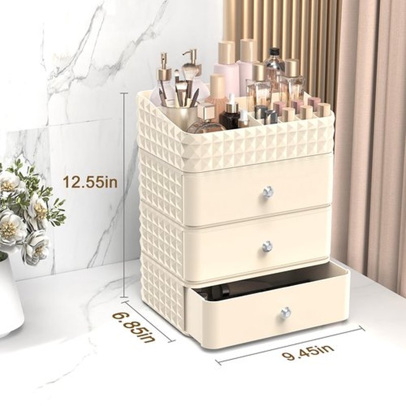 Rosoenvi Makeup Organizer for Vanity, Stackable Cosmetics Organizer and Storage, Cosmetic Display Cases with 3 Drawers and 1 Tray for Makeup Brush, Hair Accessories, Lipstick and Jewelr, Beige