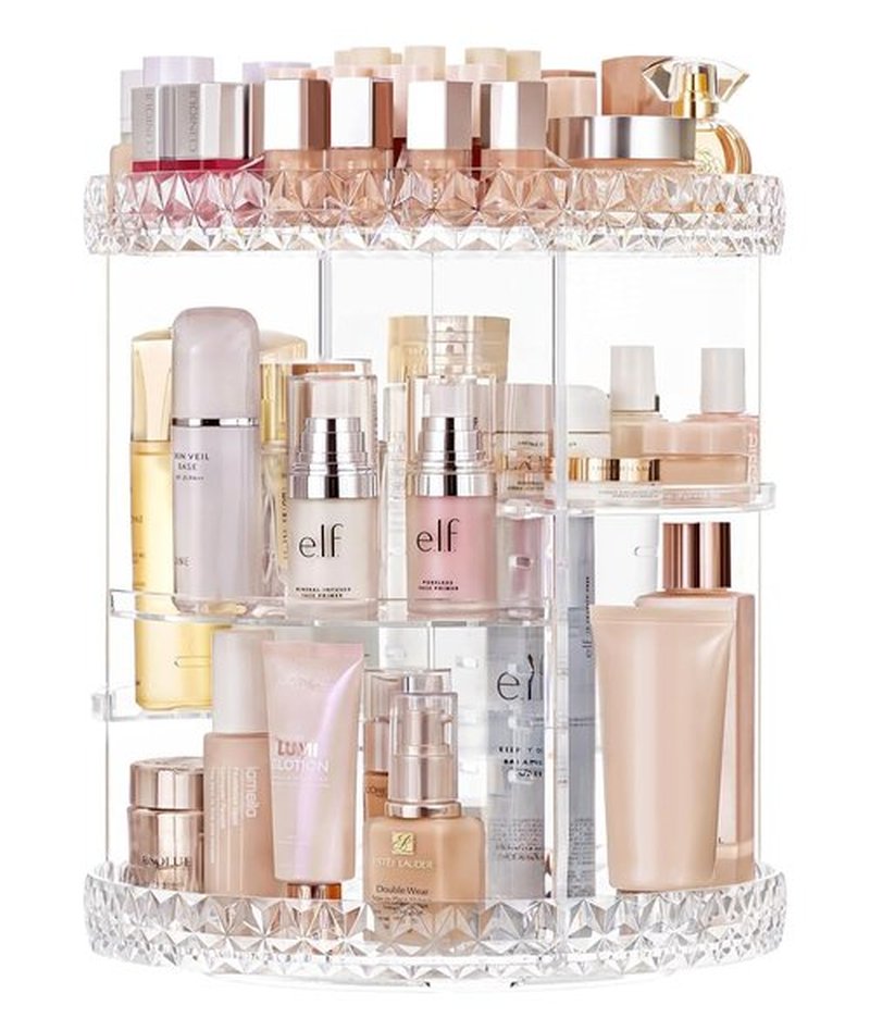 HBlife 360 Rotating Makeup Organizer Adjustable Carousel Diamond Large Capacity Revolving Perfume Organizer Skincare Organizers Cosmetic Storage Spinning Holder for Vanity, Plus Size Clear
