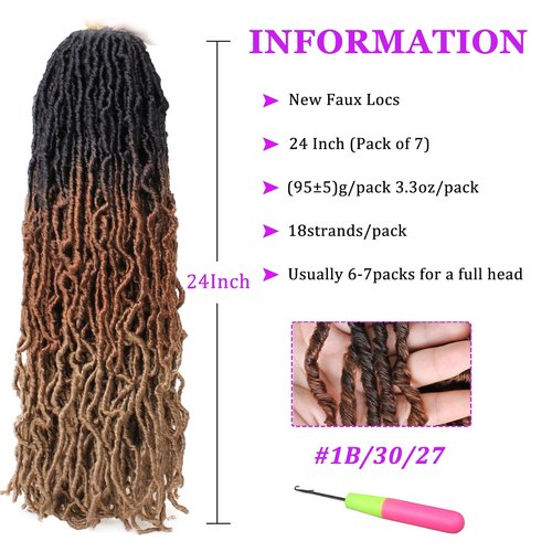 ZRQ 24 Inch New Faux Locs Hair 7 Packs 126Strands Pre-looped Messy Soft Locs Crochet Hair Synthetic Curly Wavy Distressed Faux Locs Hair Goddess Locs Braiding Hair Extensions (24 Inch, 1B/30/27#)