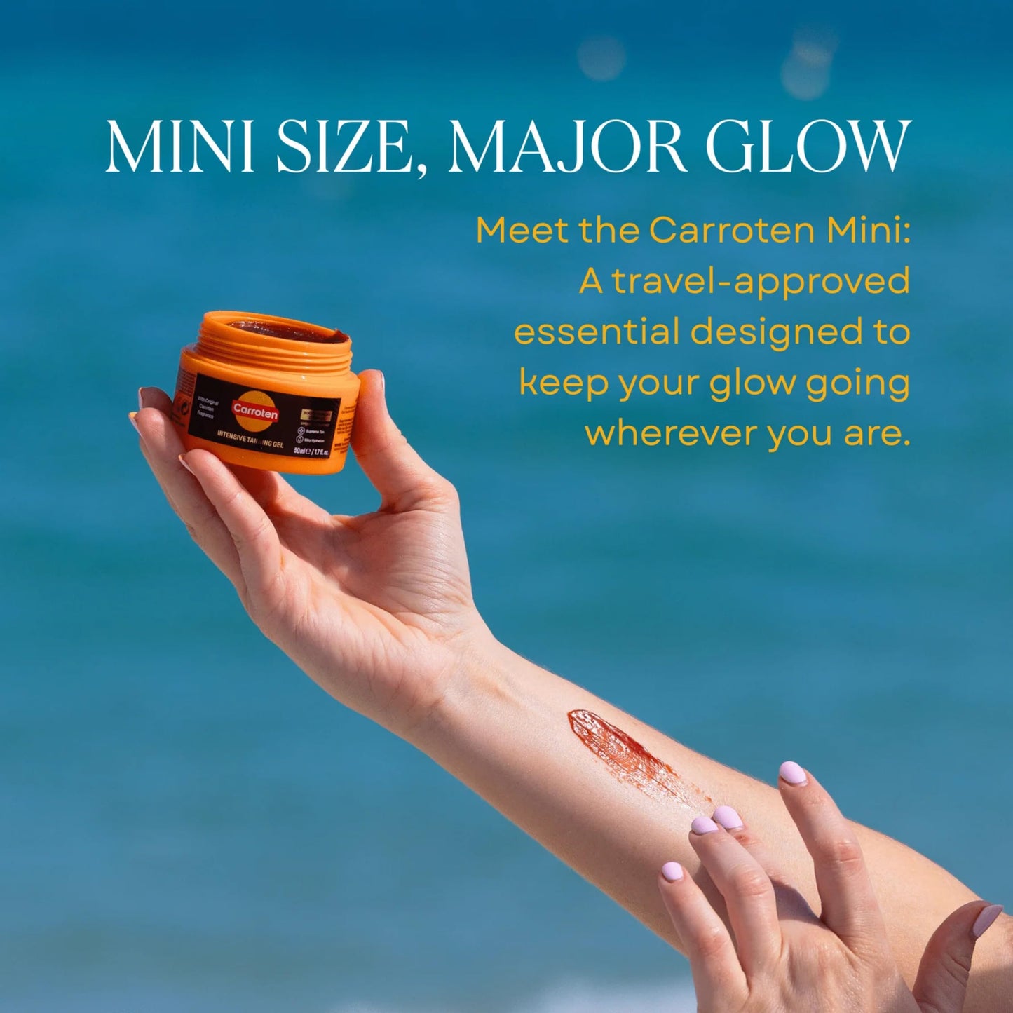 Carroten Mini Intensive + Gold Shimmer Tanning Gels | Travel Size Tan Accelerator & Body Bronzer | Non-Greasy, Water-Resistant | Carrot & Coconut Oil | Vitamin A&E For Hydration |1.7 Oz 2 Pack+Spatula