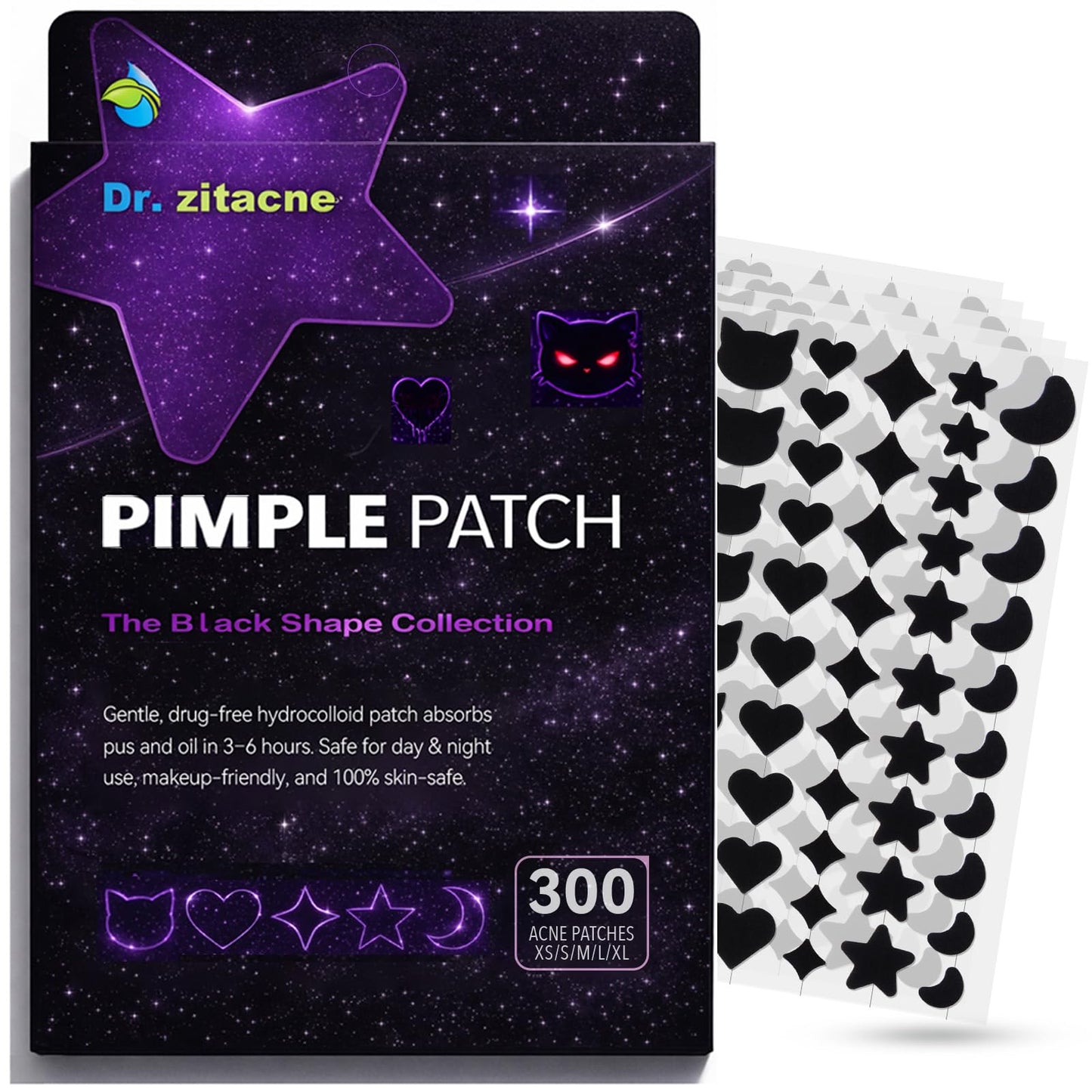 300CT Black Pimple Patches for Face, 5 Sizes Hydrocolloid Acne Patch w/Tea Tree Salicylic Acid & Centella, Midnight Magic Spot Dots for Zits & Whiteheads, Trendy Cosmic Star, Moon, Heart & Cat Shapes