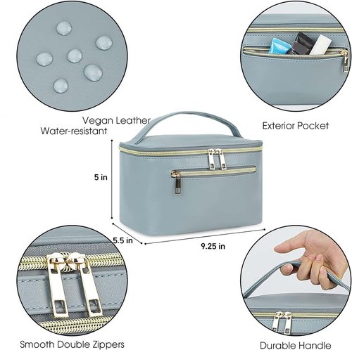 Wandering Nature Makeup Bag, Travel Make Up Organizer Cosmetic Brush Bags Case for Women in Vegan Leather, Grayish Blue(Patent Pending)