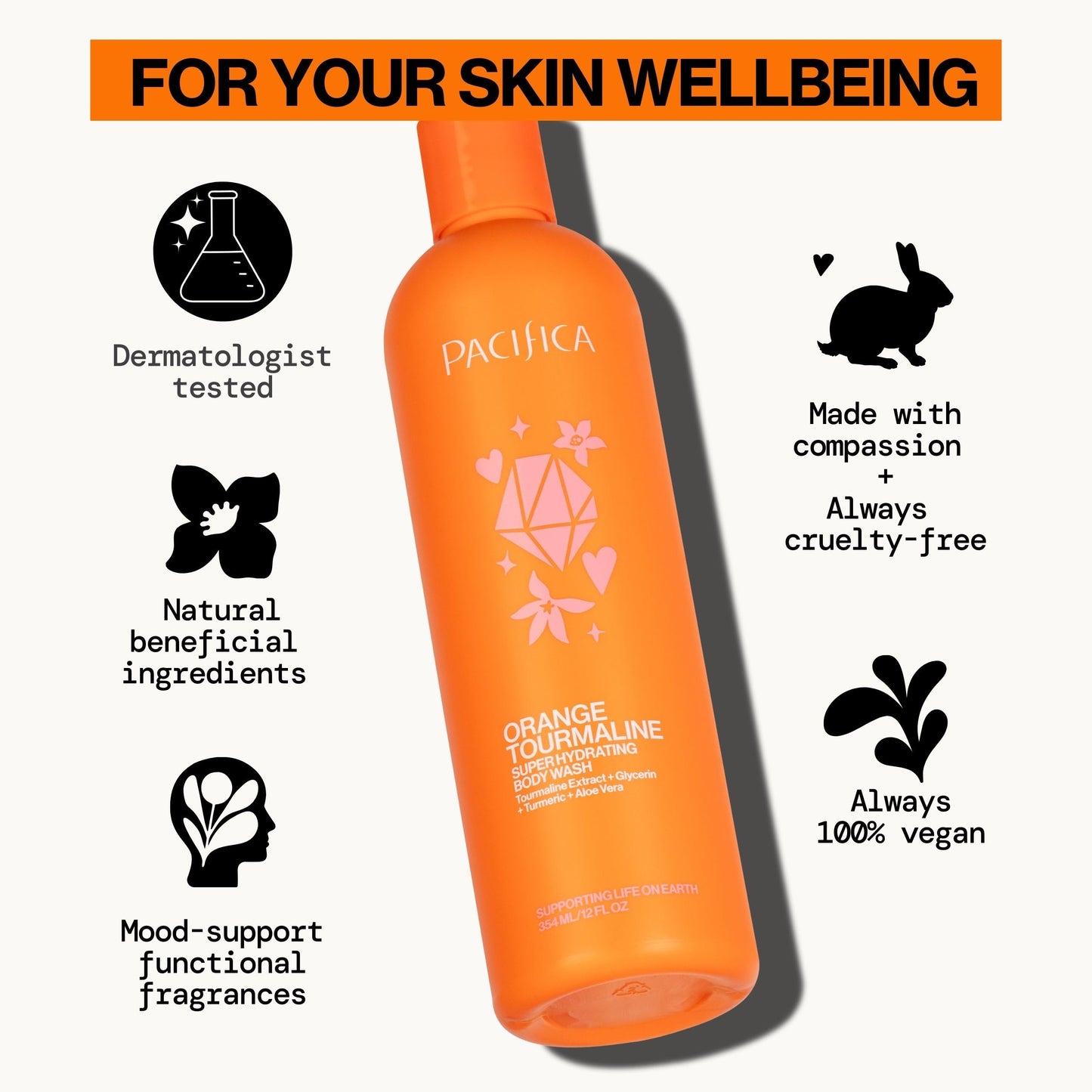 Pacifica Body Wash - Orange Tourmaline Super Hydrating Body Wash - Bath & Shower Gel - Clean Beauty, Vegan & Cruelty-Free Dermatologist Tested