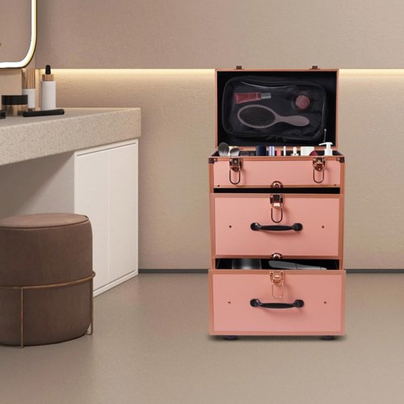 Rolling Makeup Case,Large Cosmetic Trolley with Locks, Professional Rolling Makeup Trolley with with dividers,Large Storage Cosmetic Trolley for Make-Up Artists Nail Technicians Beauticians (Gold)
