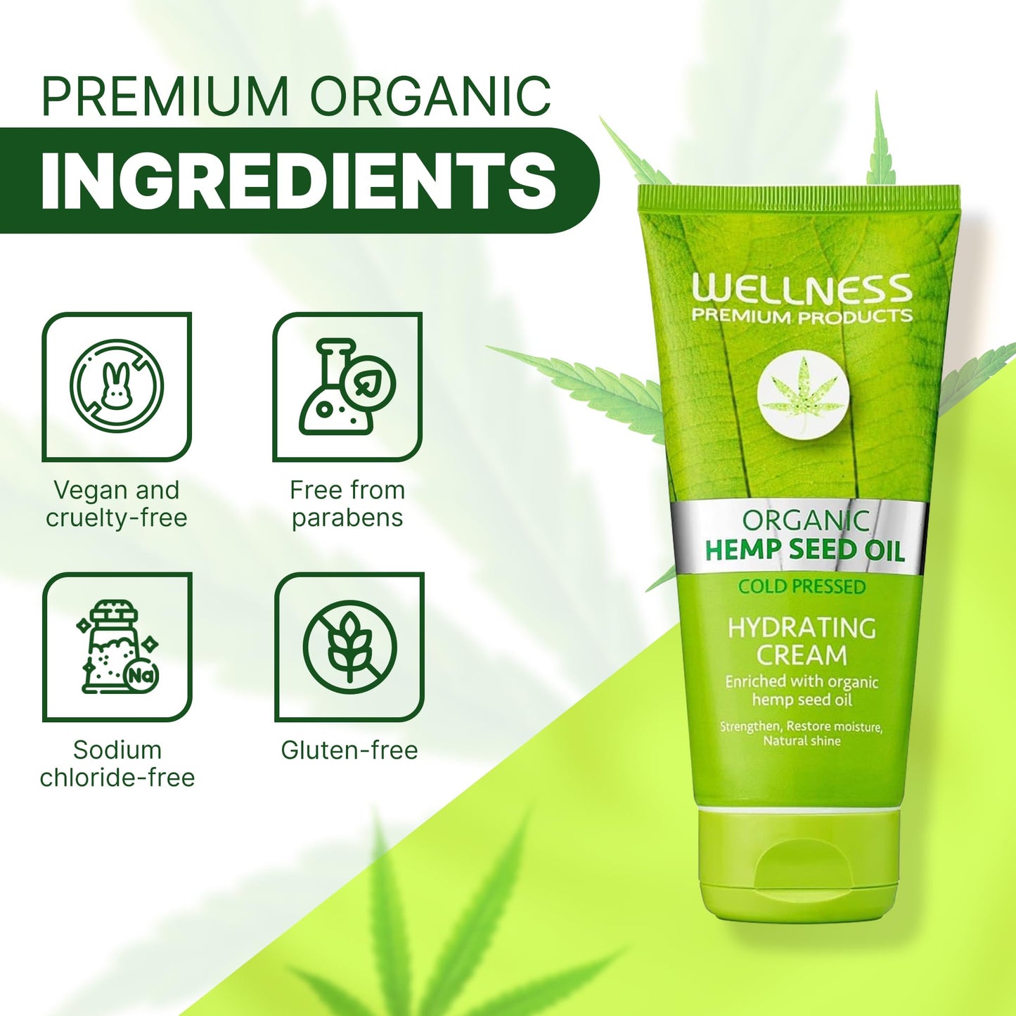 Wellness Premium Products Intensive Hydrating Cream | Hemp-Infused Hair Styler & Moisturizer for All Hair Types | Tames Frizz, Adds Shine & Strength | Vegan & Paraben-Free, 180ml