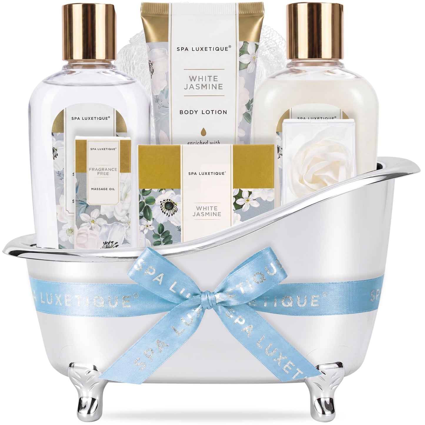 Spa luxetique 8pcs Jasmine Gift Set for Women, Spa Gift Baskets Bath and Body Gifts with Shower Gel, Bubble Bath, Birthday Anniversary Christmas Gifts for Mom