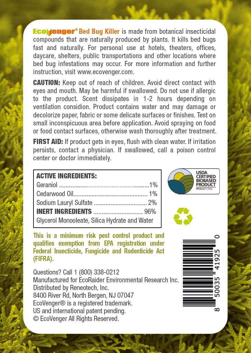Bed Bug Killer 3 oz EcoVenger by EcoRaider,Travel Size,100% Kill Efficacy, Bedbugs & Mites, Eggs & The Resistant, USDA BIO-Certified, Plant Extract Based & Non-Toxic, Child & Pet Safe