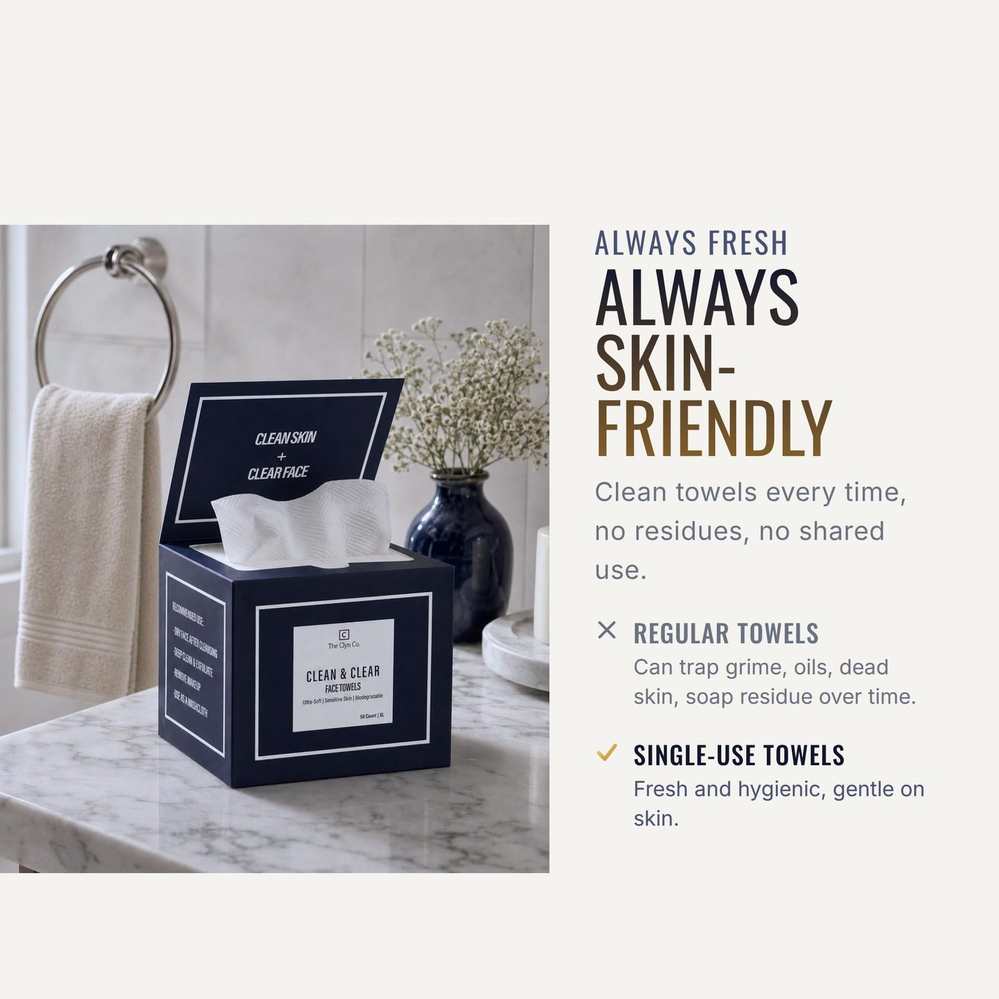 The Clyn Co. Clean & Clear Face Towels, Ultra Soft Disposable Facial Towels, 100% Biobased Viscose Face Wipes for Sensitive Skin, Lint-Free Makeup Remover, Luxury Magnetic-Lid Box, XL 10×12, 50 Count