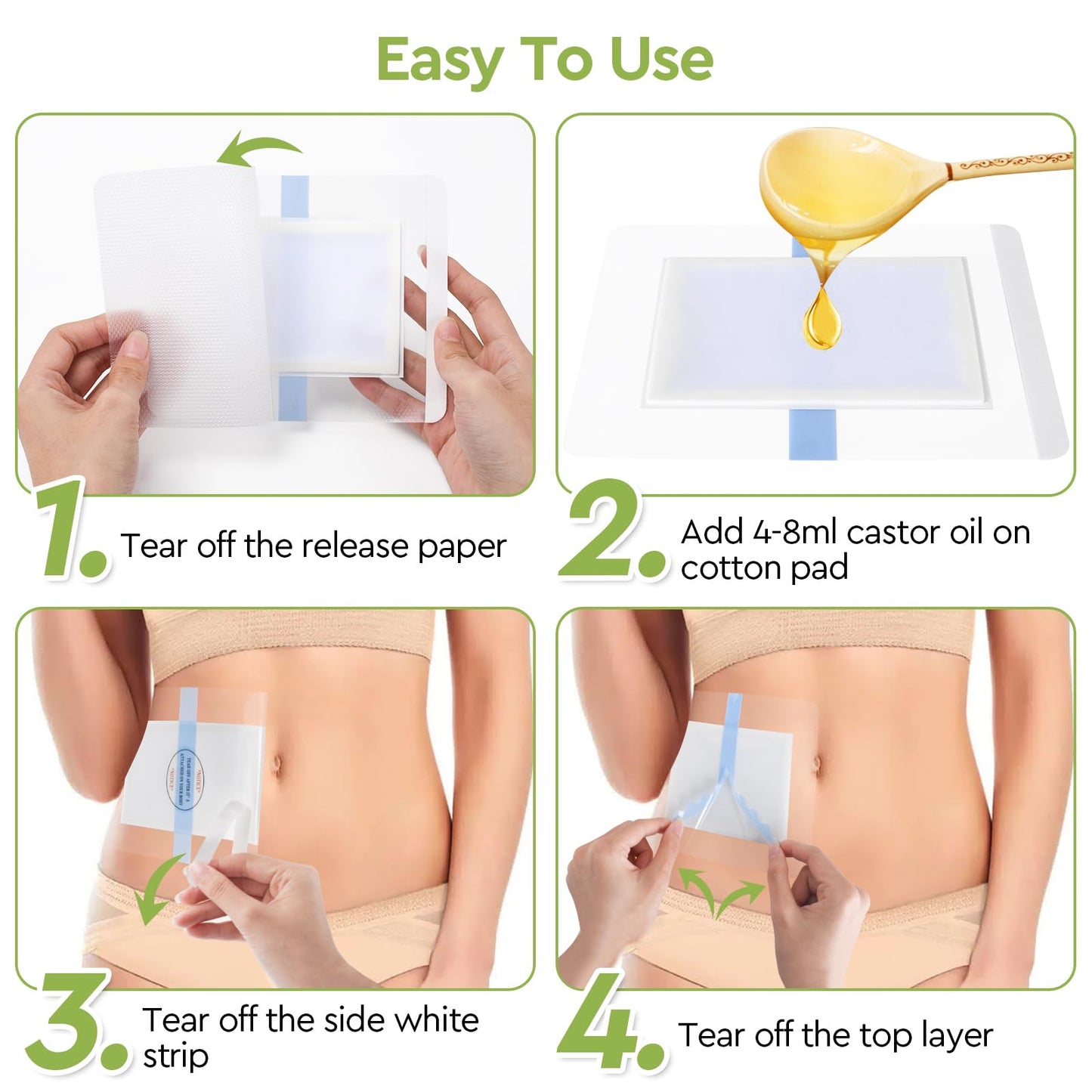 STFOCE 20pcs Castor Oil Pack Wrap, Castor Oil Patches for Abdominal Area, Silicone Gel Technology for Gentle Sensitive Skin Comfort, Low Sensation Wear, Painless Removal