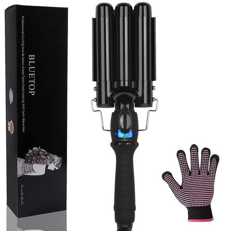 BLUETOP Three Barrel Curling Iron, Ceramic Hair Waver with LCD Display, Adjustable Temp Triple Barrel Crimper Hair Tool, Fast Heating Iron, Wavy Hair, Dual Voltage, 1 Count (Pack of 1)
