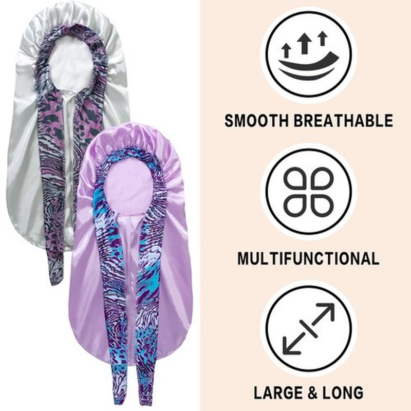 2Pack Bonnets for Black Women Braid Bonnet, Large Long Bonnet Satin Bonnet for Braids,Black Women Silk Bonnet with Stretchy Tie Band Braid Bonnet for Sleeping Extra Long (Green&Light Purple Pattern)