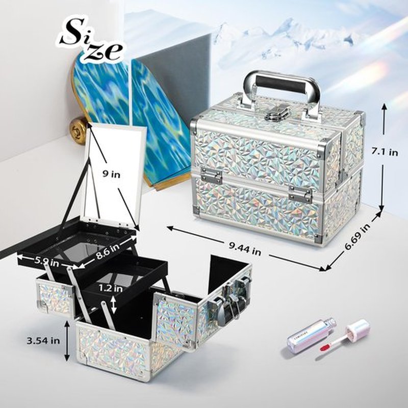 FRENESSA Makeup Train Case Cosmetic Organizer Case Portable Makeup Box with Mirror 2 Trays Lockable Make up Travel Storage Case for Makeup Artist, Nail Kits, Makeup Tools Makeup Case Chic Silver