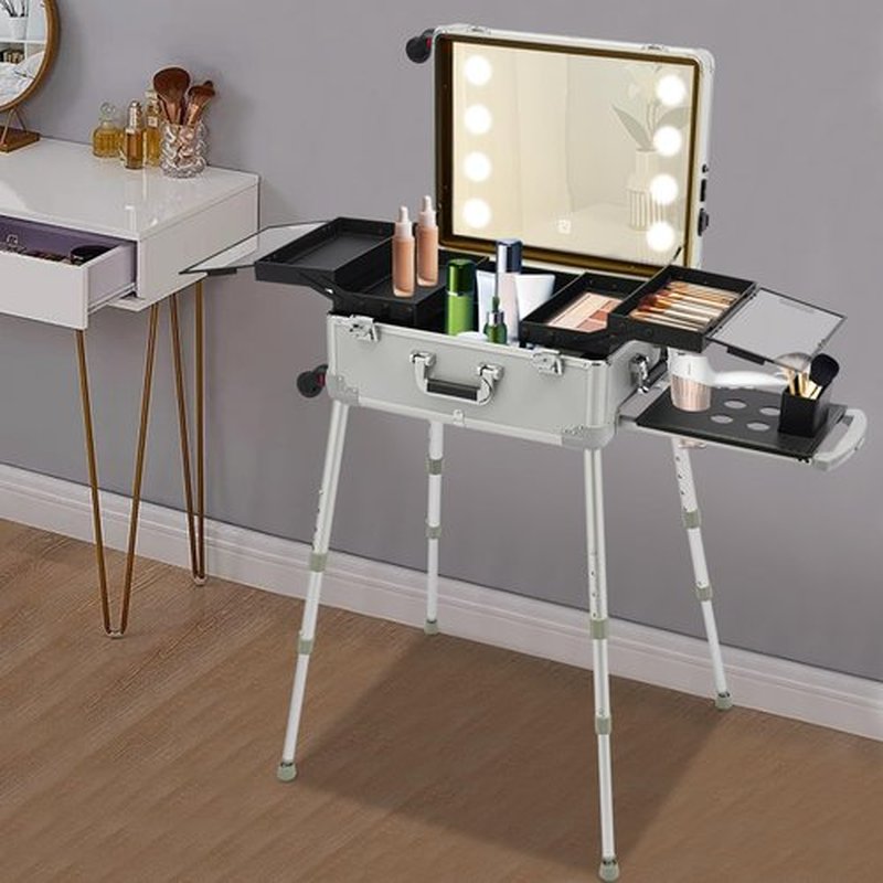 Rolling Makeup Train Case with Lighted Mirror 21" Professional Makeup Storage Organizer Box Make up Carrier Large Artist Trolley Studio Free Standing Case Portable Aluminum Trolley Salon Station