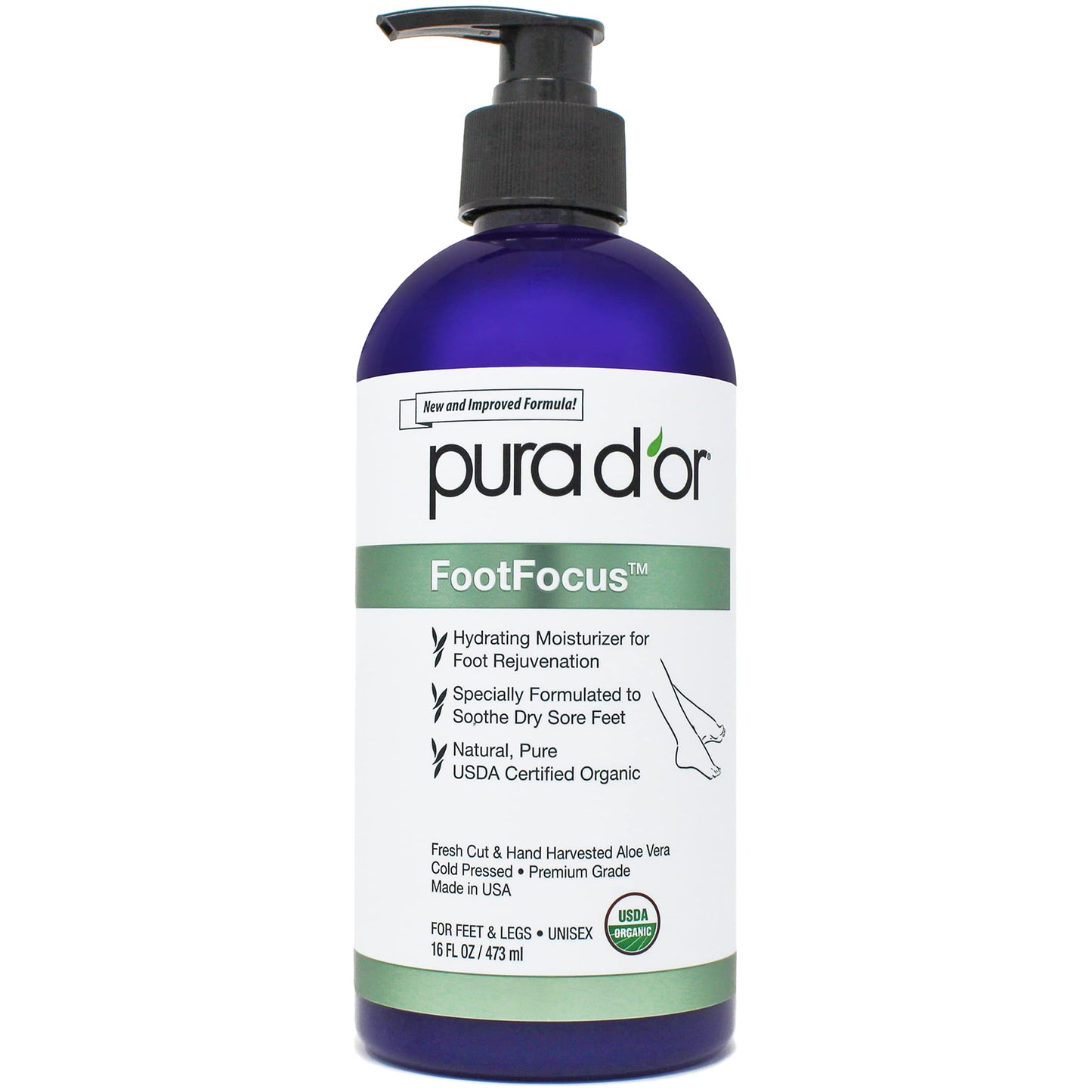 PURA D'OR 16 Oz FootFocus Organic Aloe Vera Gel For Severe Cracked Heel Repair Foot Care Products - Soothes Sore Feet Extra Strength Feet Care - Vitamin E, Peppermint, Tea Tree & Eucalyptus Oil