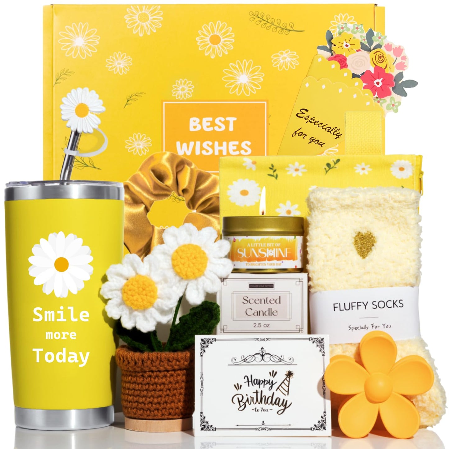TFHESIRUUTFH Gift Basket for Women, Birthday Self Care Package with 20oz Tumbler, Scented Candle, Makeup Bag, Socks, Hair Accessories, Yellow Daisy-Themed Gift Set for Mom, Sister, Wife, Best Friend